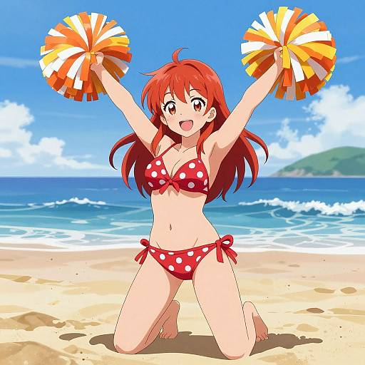 Anime Red-Haired Cheerleader on Beach