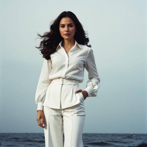 Woman in Chic White Outfit by the Sea