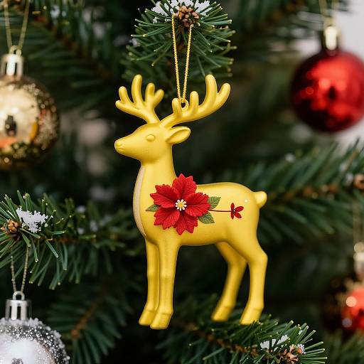 Photograph of a yellow reindeer ornament with a red poinsettia, hanging on a Christmas tree with green needles, silver and red baub