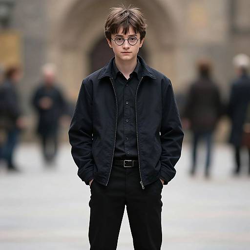 Photograph of a young boy with glasses, brown hair, wearing a black jacket, shirt, and pants, standing confidently in a blurred, outdoor urban