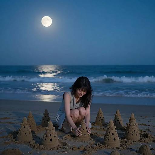 Photograph of a young woman with black hair, squatting on a moonlit beach, building sandcastles under a full moon and shimmering sea