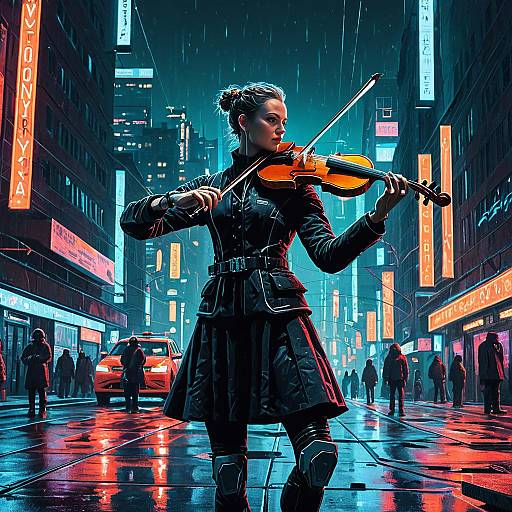 Futuristic Cyborg Violinist in Neon City