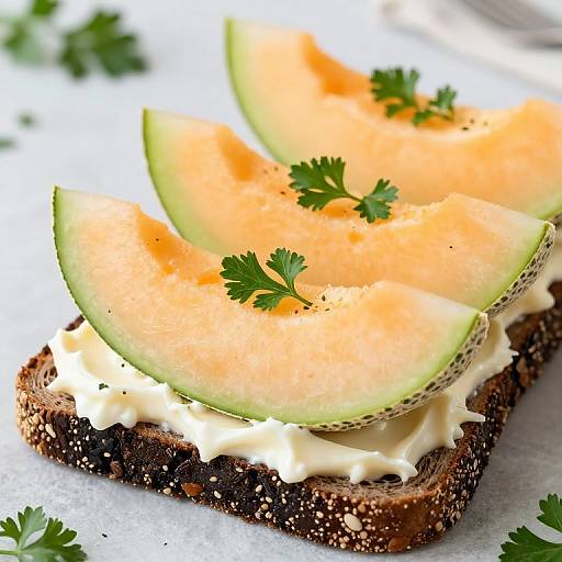 Photograph of three slices of ripe, orange-green cantaloupe on creamy white spread, atop dark rye bread with sesame seeds, garnished