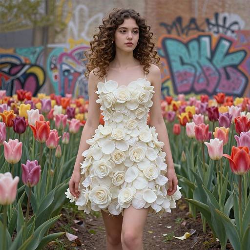 Photograph of a curly-haired woman in a white rose-covered dress walking through a vibrant field of multicolored tulips, with graffiti-covered brick wall