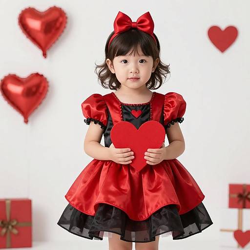 Photograph of a cute Asian girl with black hair and bow, wearing a red satin dress with black lace, holding a red heart, surrounded by red
