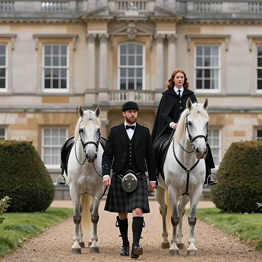 Man in Kilt Walking with Woman on White Horse