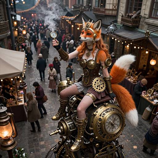 Steampunk fox-woman with orange fur, white tail, and gears, sitting on a clockwork motorcycle, smoking a glowing orb in a bustling