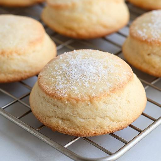 Photograph of golden-brown, round, sugar-dusted muffins cooling on a metal wire rack, with bright natural light highlighting their fluffy texture.
