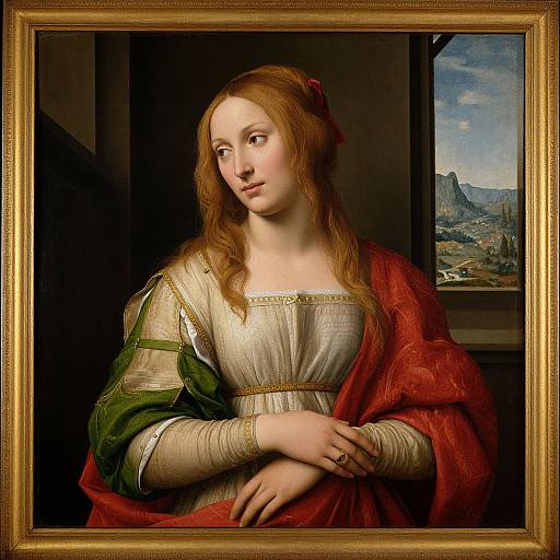 Renaissance portrait of a young woman with fair skin, red hair, green and red gown, gold trim, calm expression, mountain landscape in background
