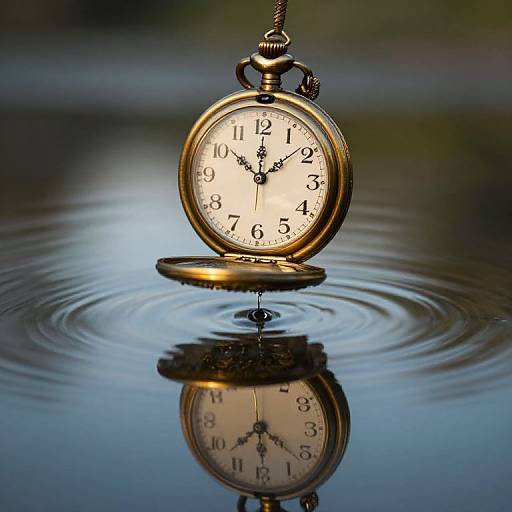 Photograph of a gold pocket watch with black numerals, standing upright in calm water, creating ripples and a perfect reflection.