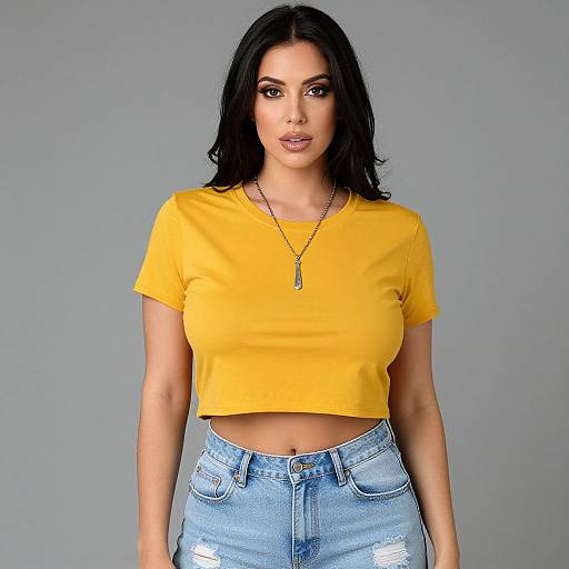 Photograph of a woman with long black hair, wearing a yellow crop top and blue jeans, standing against a plain gray background.