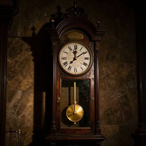 Photograph of a vintage, dark wooden grandfather clock with Roman numerals, gold pendulum, and arched top, against a marble wall.