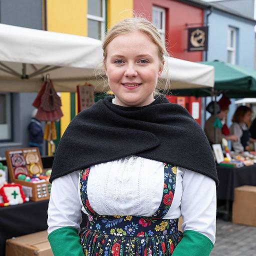 Photograph of a smiling young woman with light skin and blonde hair, wearing a floral dress, white blouse, green sleeves, and black cape, standing