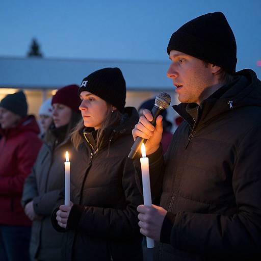 Photograph: Dim blue twilight, five people in winter jackets and beanie hats, holding lit candles and a microphone, solemnly standing in a line
