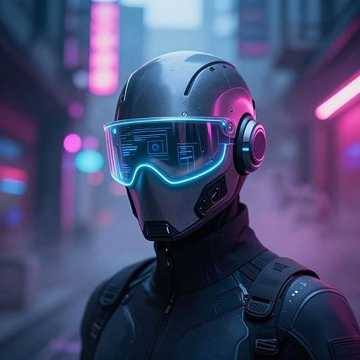 Cyberpunk-style CGI image of a person in a black, high-tech helmet with glowing blue visor, standing in a neon-lit city street