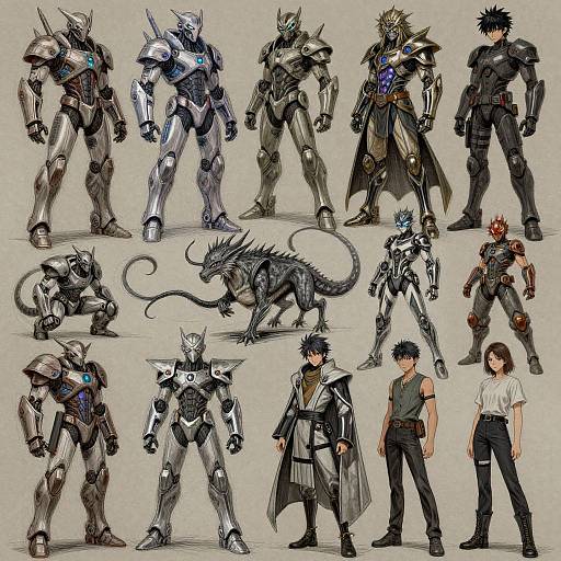Digital illustration of various anime-style characters: armored mechs, dragon, and human characters, including two men and one woman, in different poses and outfits