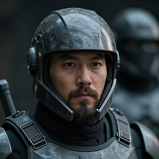 Photorealistic close-up of a serious male soldier with light brown skin, black beard, and helmet, wearing weathered, reflective armor, with a