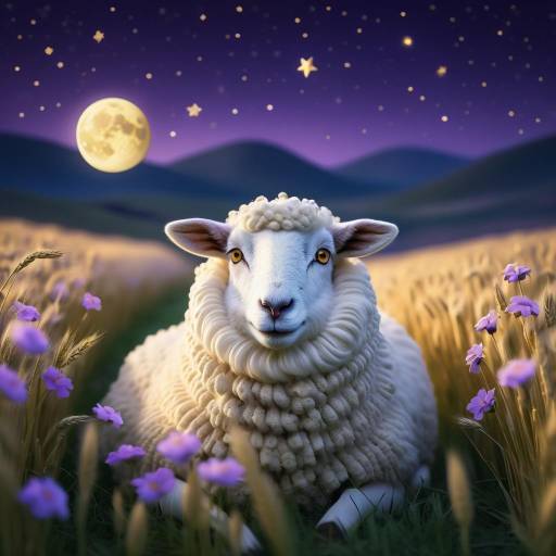 Dreamy Nighttime Sheep in Wheat Field