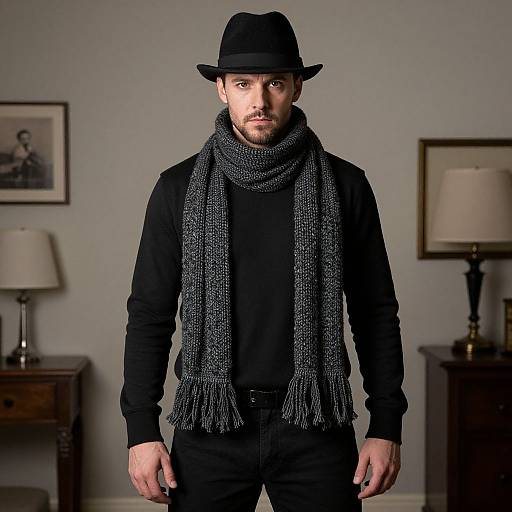 Photograph of a bearded man in a black hat, long-sleeve shirt, gray scarf, standing in a room with framed pictures and lamps