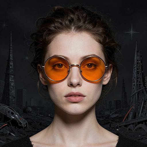 Photograph of a pale-skinned woman with curly dark hair, wearing large orange-tinted circular glasses, set against a dark, futuristic cityscape
