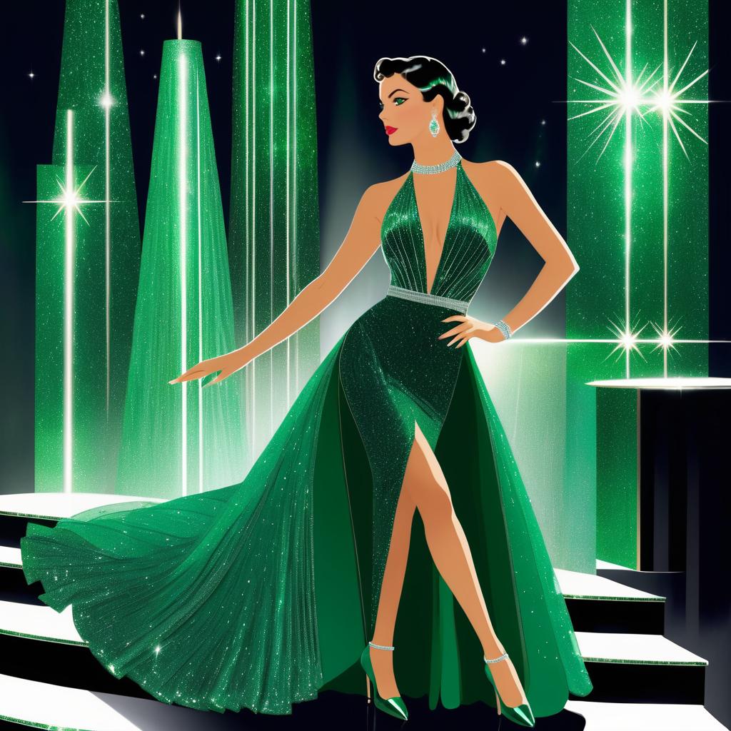 Elegant Art Deco Woman in Emerald Dress