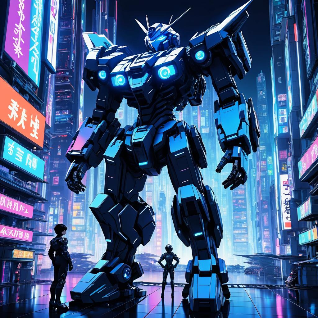 Mech Engineer and Giant Robot in Neon City