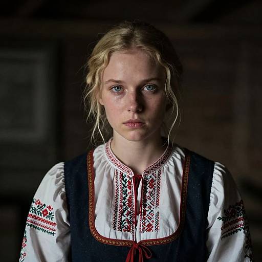 Photograph of a young blonde woman with blue eyes, wearing a white embroidered blouse and black vest, in a dimly lit room.