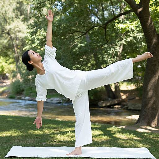 Photograph of an Asian woman in white martial arts attire, balancing on one leg with arms raised, practicing outdoors in a sunlit forest.
