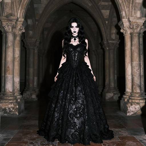 Gothic woman with pale skin, dark wavy hair, and black lace gown stands in a dimly lit stone archway. Photorealistic