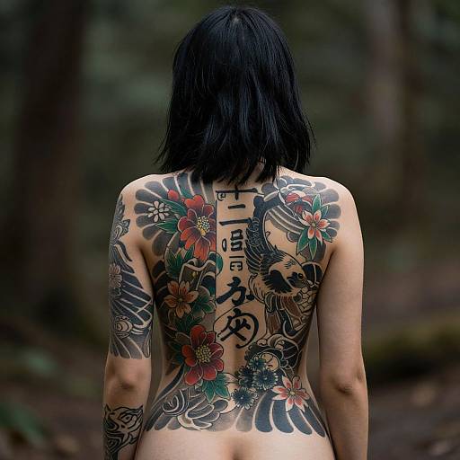 Photograph of a tattooed person with black hair, facing away, showcasing intricate Japanese-inspired back tattoos in a forest setting.