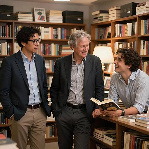 Three Men Conversing in Bookstore