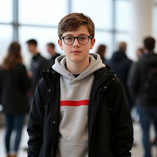 Photograph of a young white boy with short brown hair, black-rimmed glasses, gray hoodie with red stripe, and black jacket, standing in