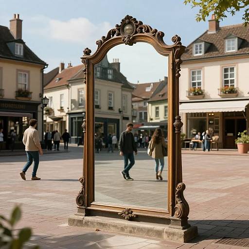 Ornate wooden mirror on a sunny town square, reflecting pedestrians, quaint buildings, and clear blue sky in a photograph.