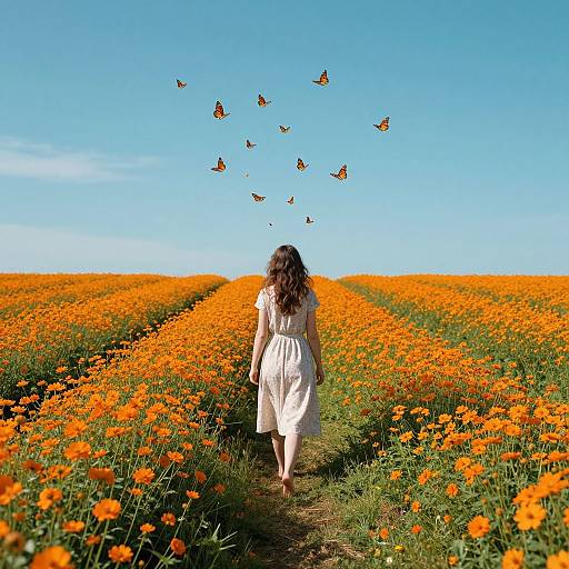 Photograph of a woman with long brown hair in a white dress walking through a vibrant orange poppy field, with a clear blue sky and butterflies following