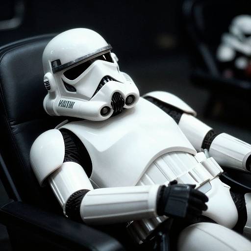 Photograph of a white Stormtrooper suit reclining in a black leather chair, with a relaxed, almost casual posture. High contrast, dark background