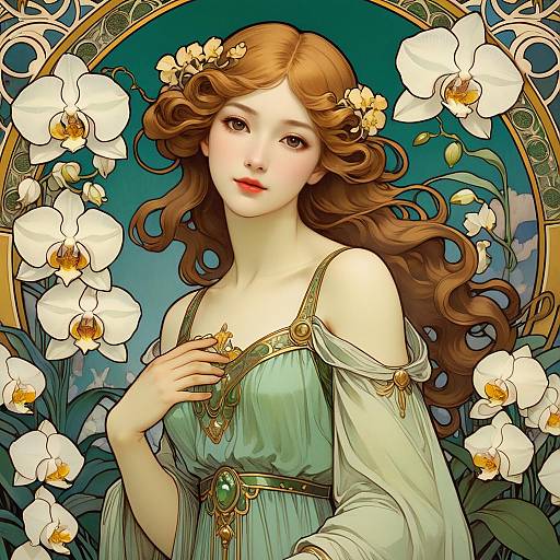 Art Nouveau Woman with Orchids