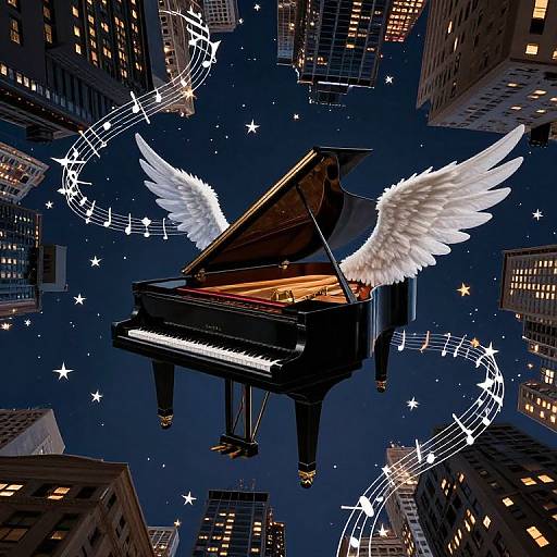 Flying Grand Piano in Surreal City