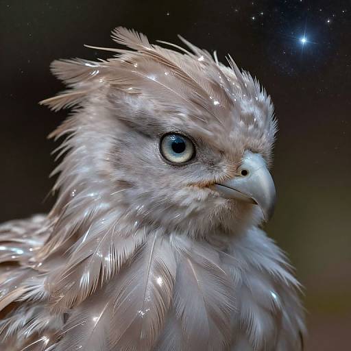 Digital artwork of a glowing, ethereal owl with iridescent feathers, sharp beak, and intense blue eye, set against a starry night