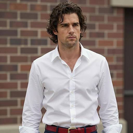 Man in White Dress Shirt and Red Belt