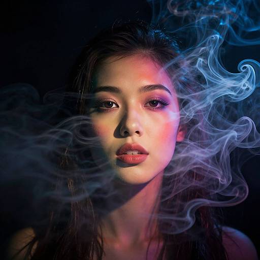 Photograph of an Asian woman with long dark hair, glowing pink and blue lights, and swirling blue smoke around her face against a dark background.
