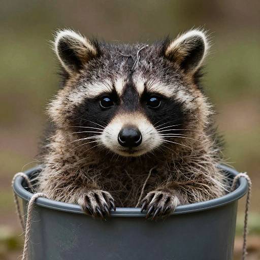 Photograph of an adorable baby raccoon with dark fur, white facial markings, and black eyes, peeking out of a black plastic bucket.