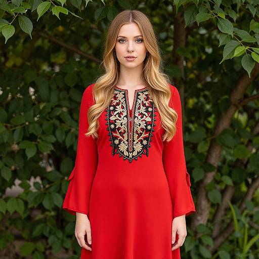 Blonde Woman in Embroidered Red Dress