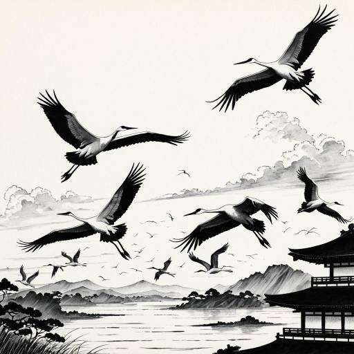 Monochrome Sketch of Cranes Flying Over Japanese Landscape