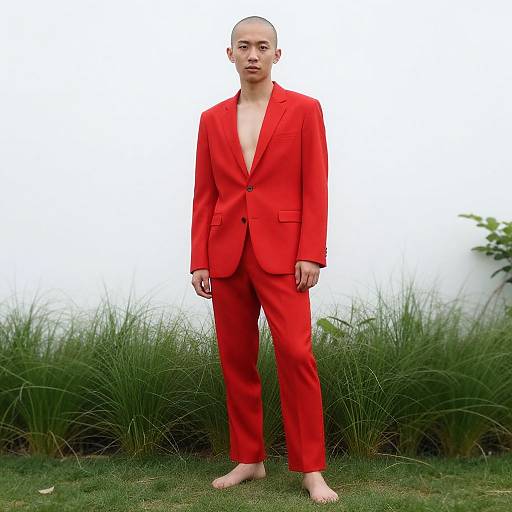 Photograph of a bald Asian man in a bright red, deep V-neck suit, barefoot, standing on grass with tall green plants in the background