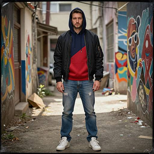 Photograph of a bearded man in a black jacket, red hoodie, blue jeans, and white sneakers standing in a graffiti-covered alley.