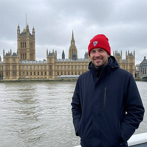 Photograph of a smiling man in a black jacket and red beanie, standing in front of the iconic Big Ben and Houses of Parliament in London.
