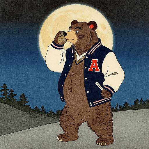 Anthropomorphic brown bear in a navy and white letterman jacket with an 