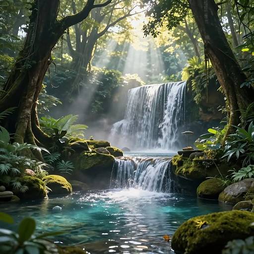 Photograph of a serene forest waterfall with sunlight streaming through trees, cascading into a clear, turquoise pool surrounded by lush greenery and moss-covered rocks