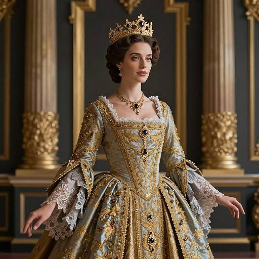 Photorealistic digital portrait of a regal woman in an ornate, gold and blue, Renaissance-style gown with lace, crown, and necklace,