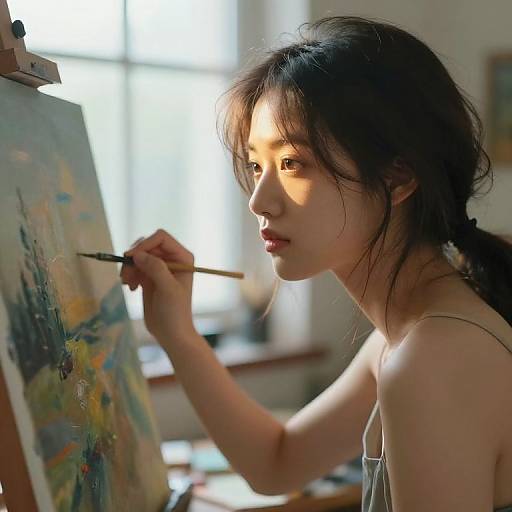 Photograph of an Asian woman with dark hair in a braid, painting on an easel in a sunlit studio, holding a paintbrush to